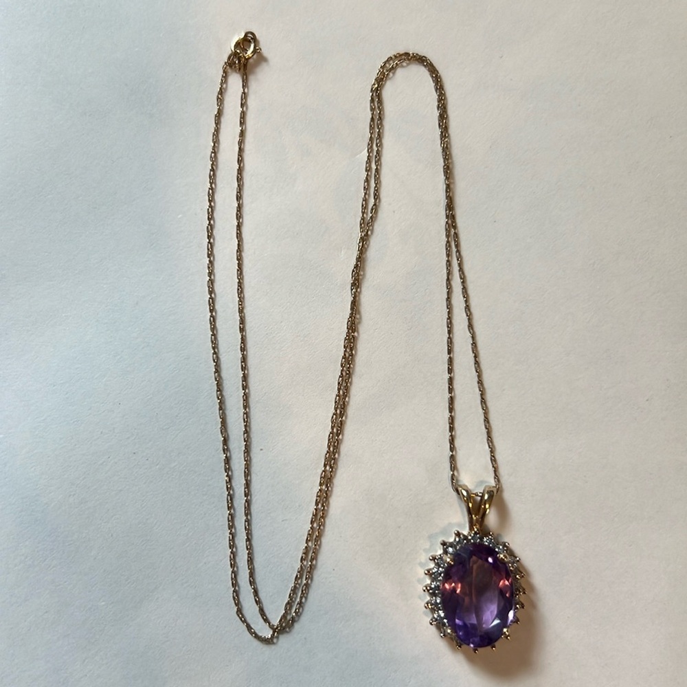 Vintage 1980’s 14k gold chain and pendant with amethyst and diamonds